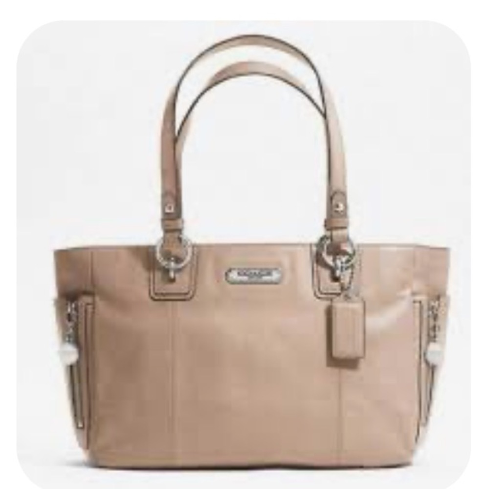 Coach Gallery East West Sand shimmer leather silver zipper pink interior purse